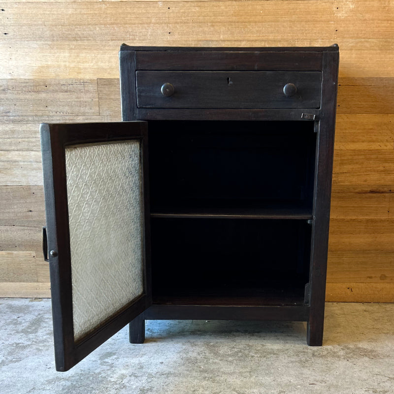 Small Wooden Cabinet with Patterned Glass & Drawer