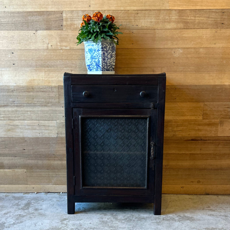 Small Wooden Cabinet with Patterned Glass & Drawer