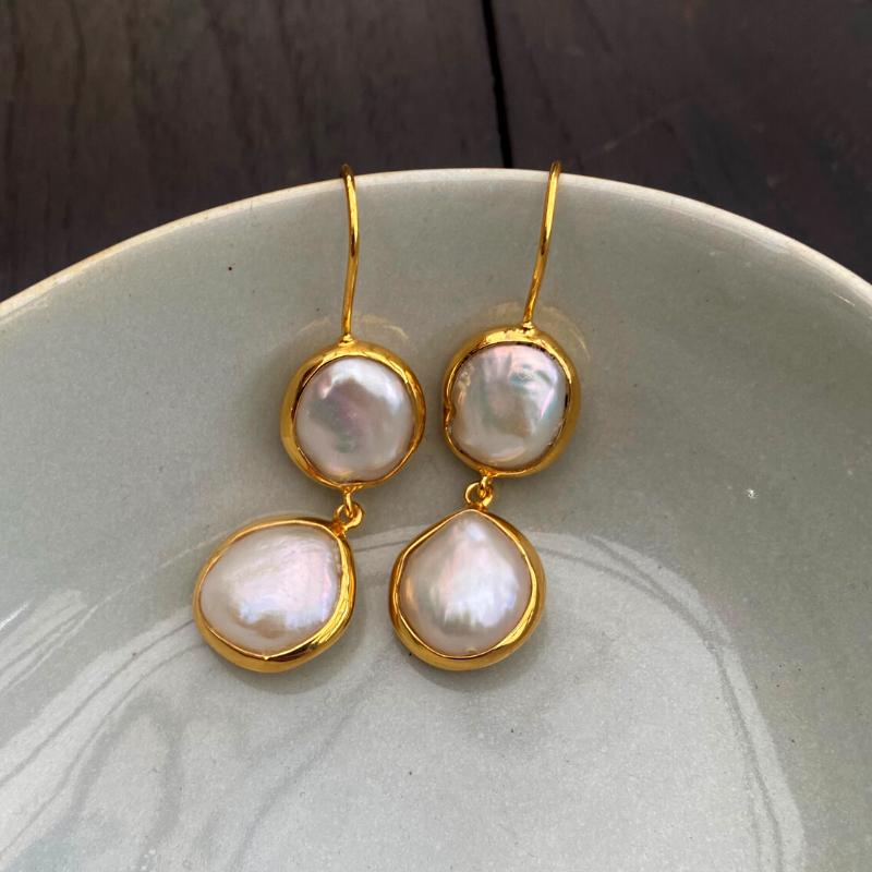 Double Coin Pearl Earrings Gold