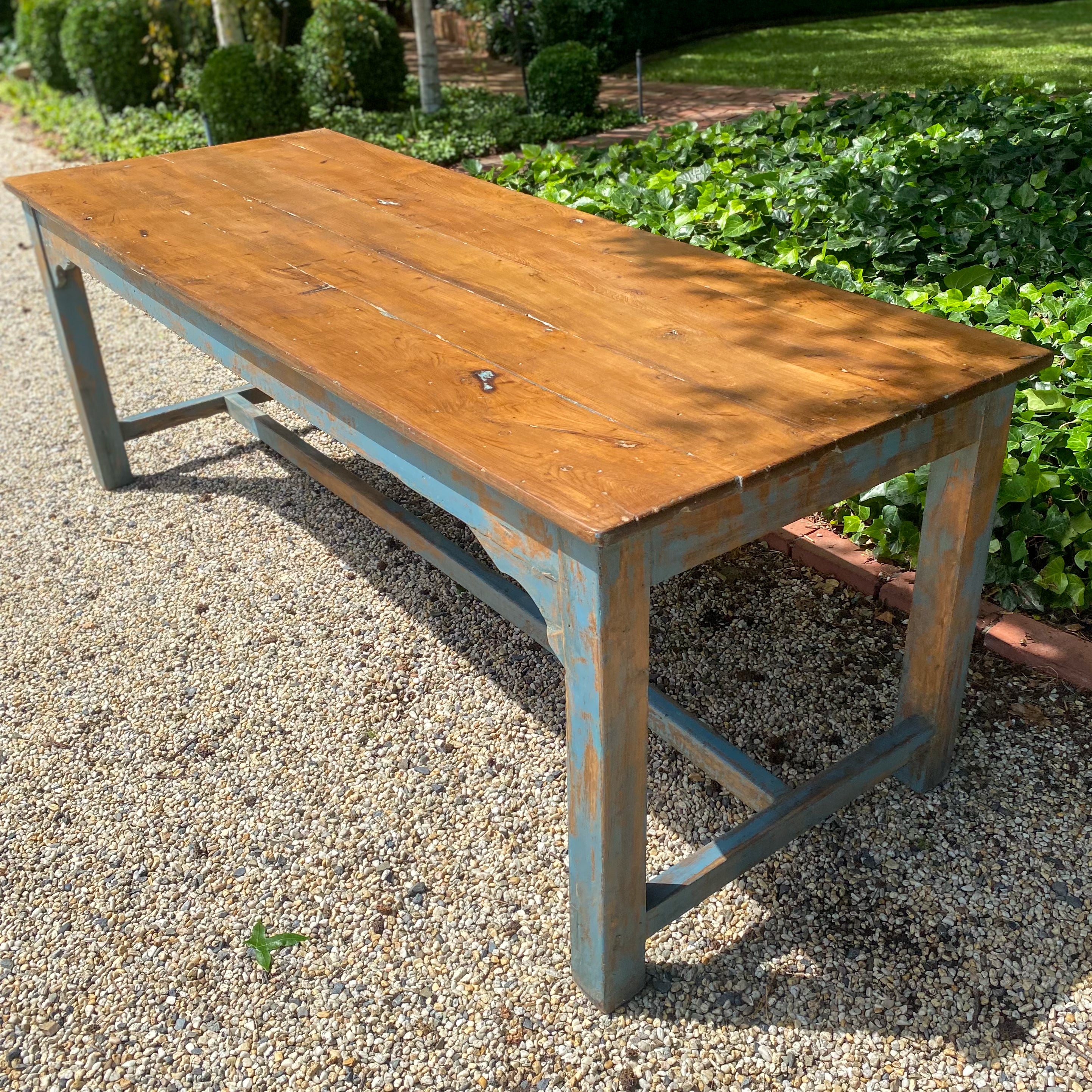 Natural and Blue Patinaed Wood Dining Table