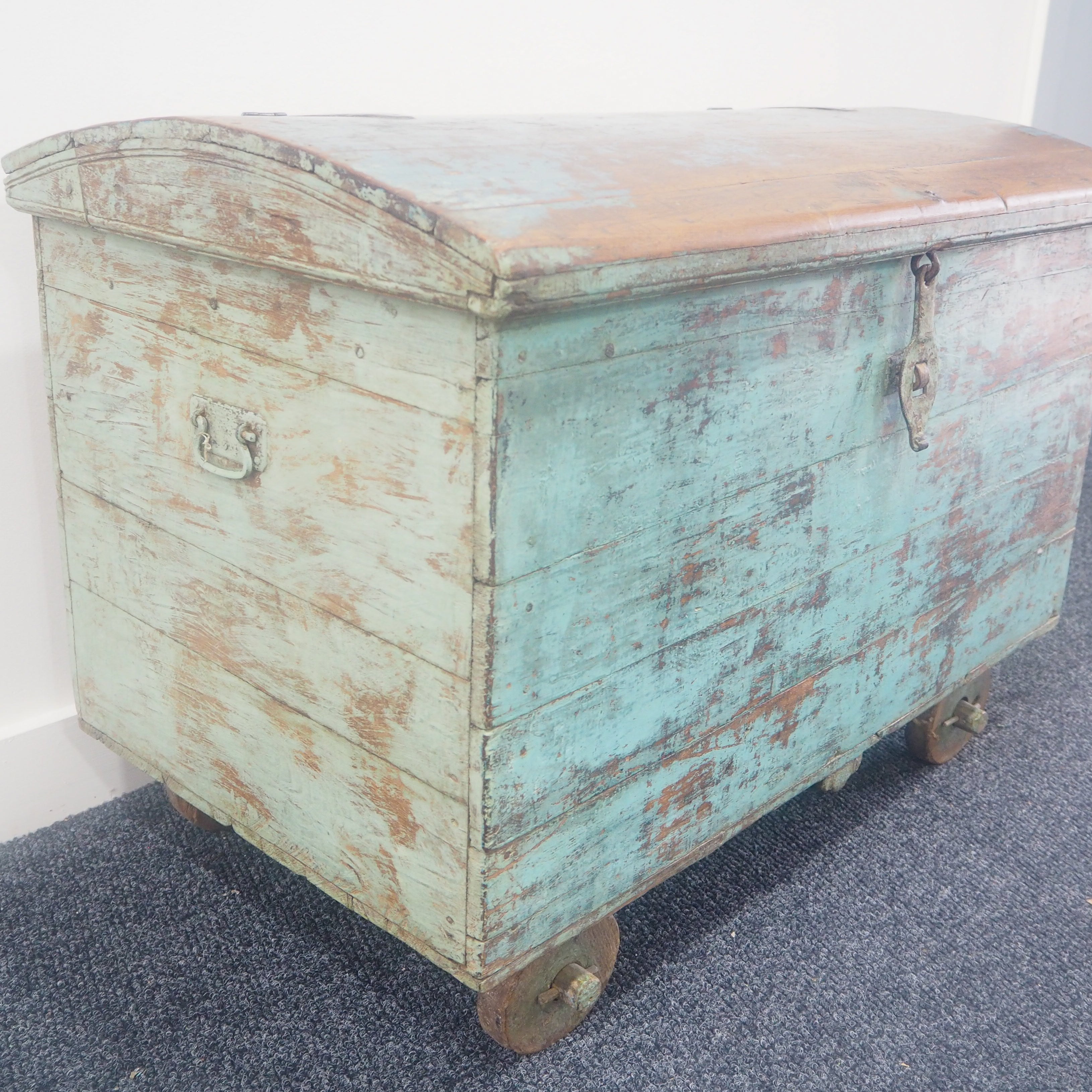 Blue Wooden Chest on Wheels